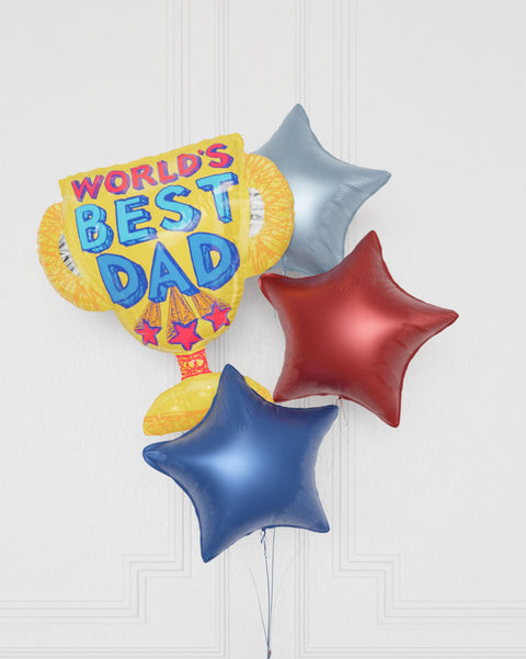 World's Best Dad Foil Balloon Bouquet, 4 Balloons, Close up Image