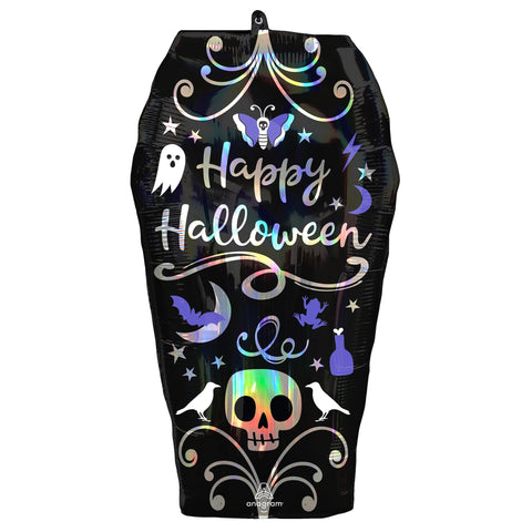 Halloween Iridescent Coffin Supershape Foil Balloon, "Happy Halloween", sold individually