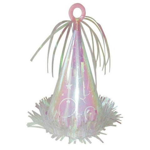 iridescent party hat shaped balloon weight decorated with fringe and balloon cut out