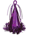 a purple party hat-shaped foil balloon weight