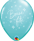 12" Caribbean Blue Latex Balloon Bonne Fête - Elegant Sparkles & Swirls, Helium Inflated from Balloon Expert