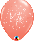 12" Coral Latex Balloon Bonne Fête - Elegant Sparkles & Swirls, Helium Inflated from Balloon Expert