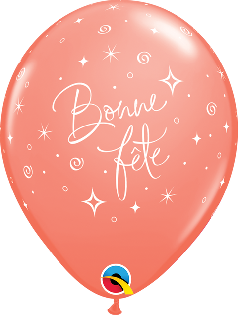 12" Coral Latex Balloon Bonne Fête - Elegant Sparkles & Swirls, Helium Inflated from Balloon Expert