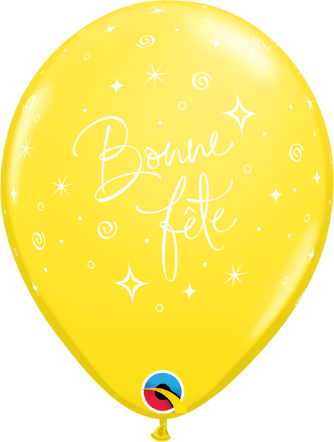 12" Yellow Latex Balloon Bonne Fête - Elegant Sparkles & SwirlsHelium Inflated from Balloon Expert