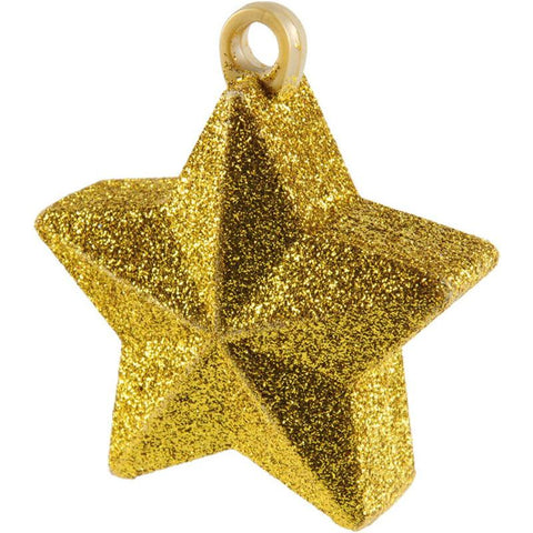 a gold glitter star-shaped balloon weight