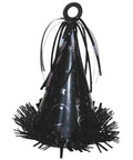a black party hat-shaped foil balloon weight