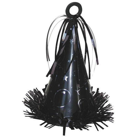 a black party hat-shaped foil balloon weight