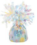 iridescent foil balloon weight with pastel coloured polka dots all around