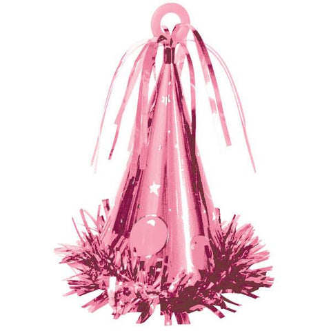 pink party hat shaped balloon weight decorated with fringe and tiny balloon cut outs