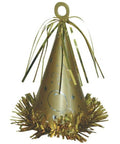 gold party hat shaped balloon weight with a mettalic finish and decorated with fringe and tiny balloon cut outs