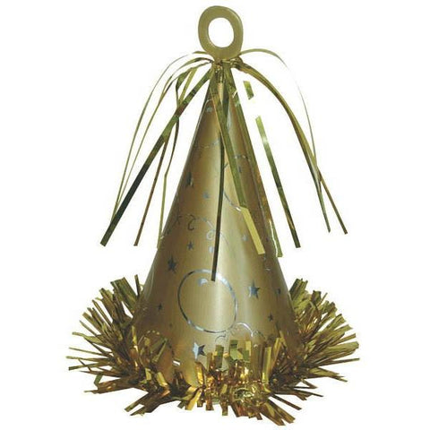 gold party hat shaped balloon weight with a mettalic finish and decorated with fringe and tiny balloon cut outs