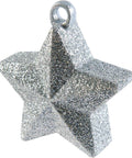 a silver glitter star-shaped balloon weight