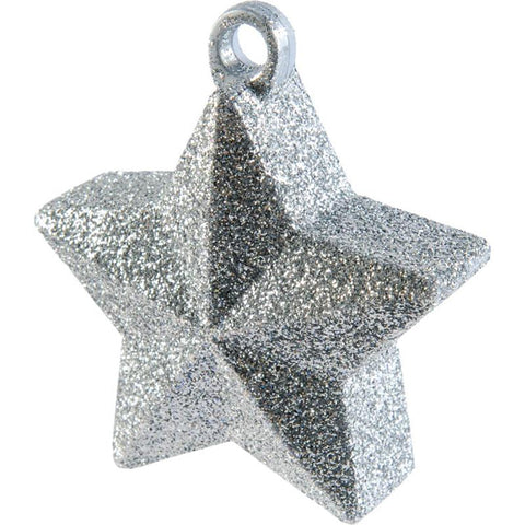 a silver glitter star-shaped balloon weight