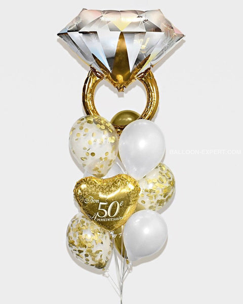 Gold and White - 50th Anniversary Wedding Ring Confetti Balloon Bouquet - Set of 10 balloons