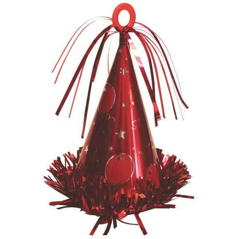 red party hat shaped balloon weight decorated with fringe and tiny balloon cut outs