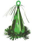 a green party hat-shaped foil balloon weight