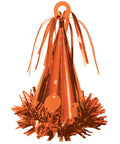 orange party hat shaped weight decorated with fringe and tiny balloon cut outs