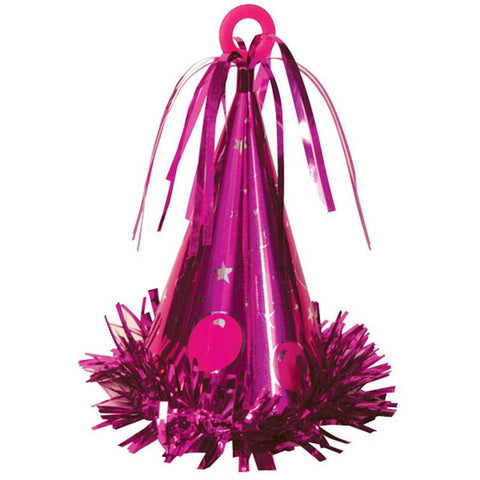a hot pink party hat-shaped foil balloon weight