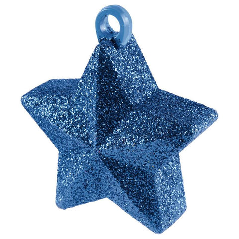 star shaped balloon weight coverd in blue glitter and sparkles