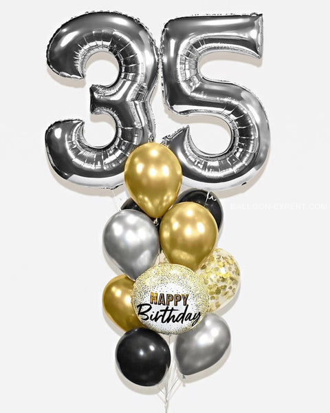 Silver, Gold, and Black - Number Confetti Birthday Balloon Bouquet