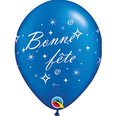 12" Blue Latex Balloon Bonne Fête - Tourbillons pétillants, Helium Inflated from Balloon Expert
