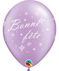 12" Lilac Latex Balloon Bonne Fête - Tourbillons pétillants, Helium Inflated from Balloon Expert