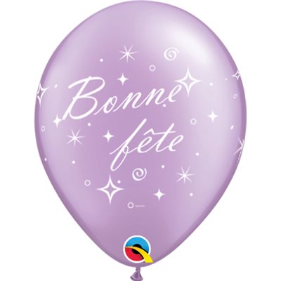 12" Lilac Latex Balloon Bonne Fête - Tourbillons pétillants, Helium Inflated from Balloon Expert