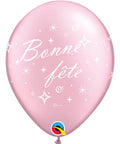 12" Pink Latex Balloon Bonne Fête - Tourbillons pétillants, Helium Inflated from Balloon Expert