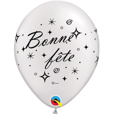 12" White Latex Balloon Bonne Fête - Tourbillons pétillantsHelium Inflated from Balloon Expert