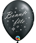 12" Black Latex Balloon Bonne Fête - Tourbillons pétillants, Helium Inflated from Balloon Expert