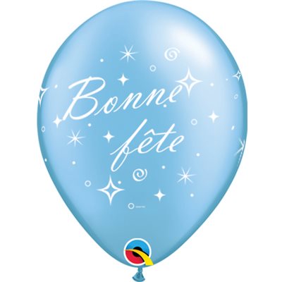 12" Blue Latex Balloon Bonne Fête - Tourbillons pétillants, Helium Inflated from Balloon Expert