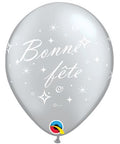 12" Grey Latex Balloon Bonne Fête - Tourbillons pétillants, Helium Inflated from Balloon Expert