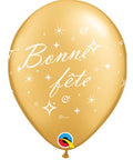 12" Gold Latex Balloon Bonne Fête - Tourbillons pétillants, Helium Inflated from Balloon Expert