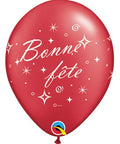 12" Red Latex Balloon Bonne Fête - Tourbillons pétillants, Helium Inflated from Balloon Expert