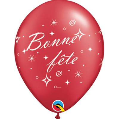 12" Red Latex Balloon Bonne Fête - Tourbillons pétillants, Helium Inflated from Balloon Expert