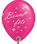 12" Fuchsia Latex Balloon Bonne Fête - Tourbillons pétillants, Helium Inflated from Balloon Expert