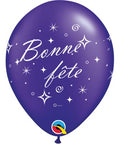 12" Purple Latex Balloon Bonne Fête - Tourbillons pétillants, Helium Inflated from Balloon Expert