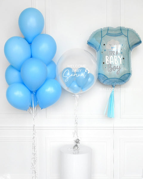 Blue Shades - Balloon Bouquet, Personalized Bubble Balloon, and Baby Boy Supershape Balloon