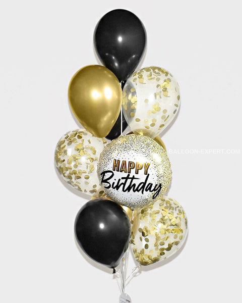 Black and Gold - Birthday Confetti Balloon Bouquet - Set of 10 balloons