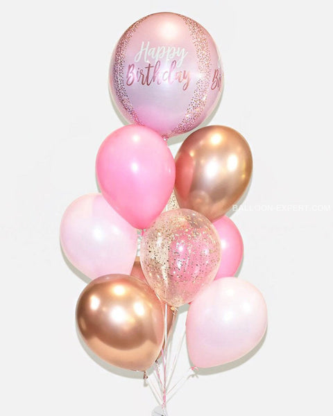 Pink and  Rosegold - Birthday Confetti Balloon Bouquet - Set of 9