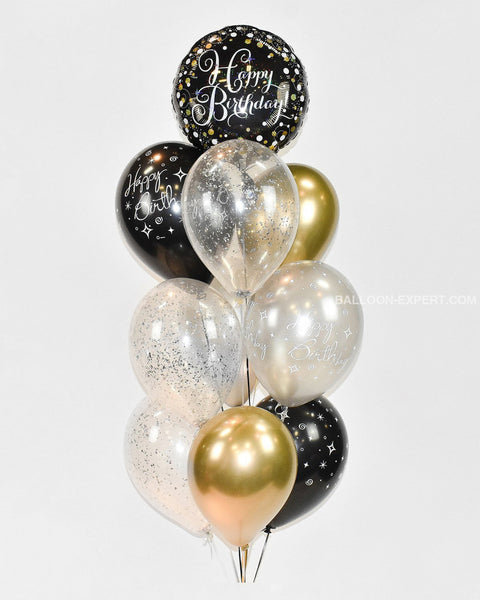 Gold, Black, and Silver - Birthday Confetti Balloon Bouquet - Set of 10