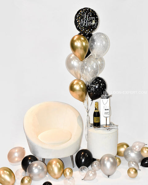 Gold, Black, and Silver - Birthday Confetti Balloon Bouquet 