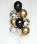 Black, White and Gold Confetti Balloon Bouquet Closeup Image