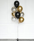 Black, Gold, and White Confetti Balloon Bouquet set of 10 balloons full length image