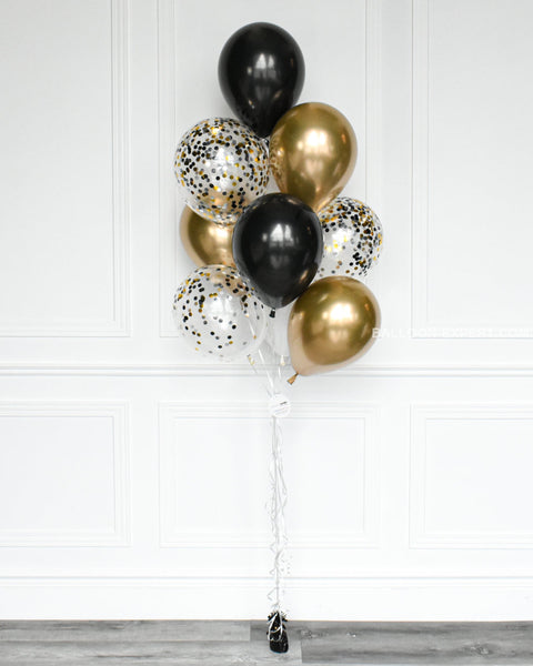 Black, Gold, and White Confetti Balloon Bouquet set of 10 balloons full length image