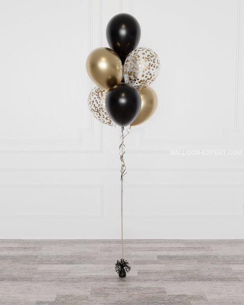 Black and Gold Confetti Balloon Bouquet, 7 Balloons from Balloon Expert, full image, sold by Balloon Expert