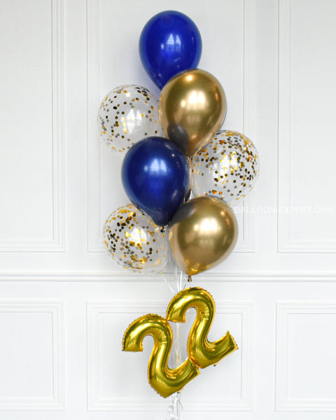Blue and Gold - Confetti Balloon Bouquet with 16" Number - Set of 12 balloons