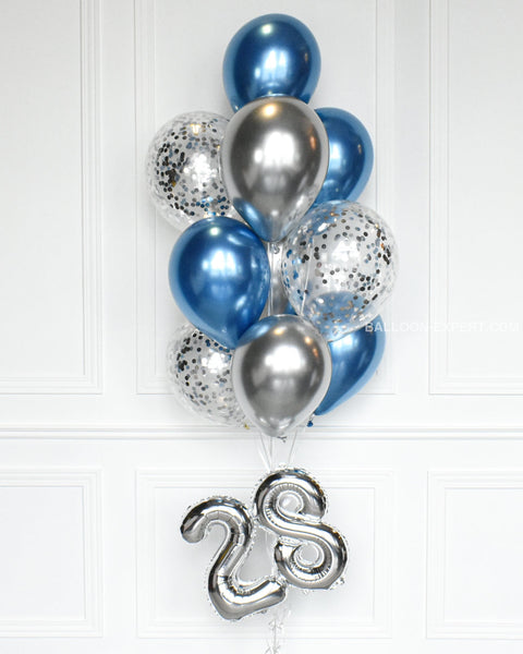 Blue And Silver - Confetti Balloon Bouquet With 16 Number