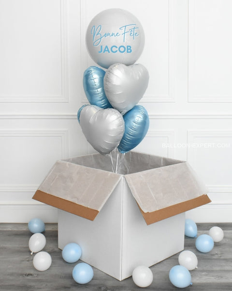 Blue and White - Personalized Heart Balloon Bouquet Surprise Box, helium inflated