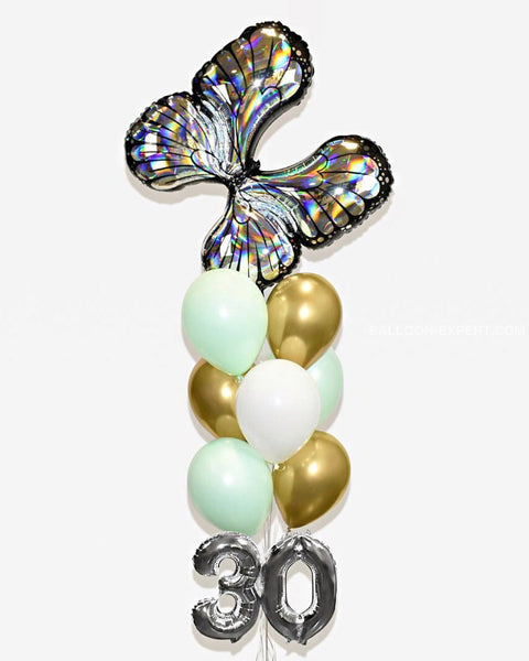 Mint Gold And White - Silver Butterfly Balloon Bouquet With 16 Number